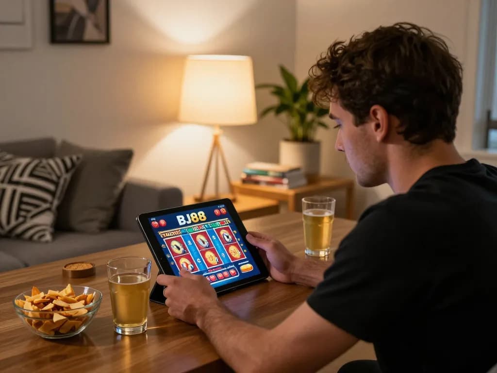Engaging online gaming experience at home with BJ88 casino interface on tablet.
