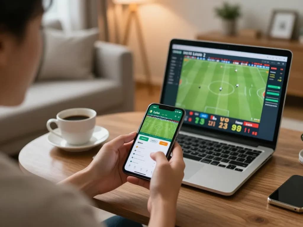 Engaging online sports betting with Bola Online app displayed on smartphone in cozy living room.