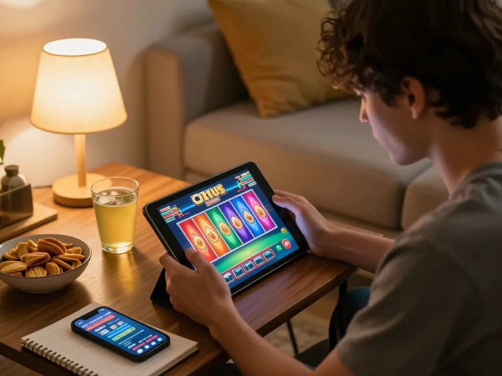 Situs slot gameplay at home on a tablet with vibrant game interface and strategic notes