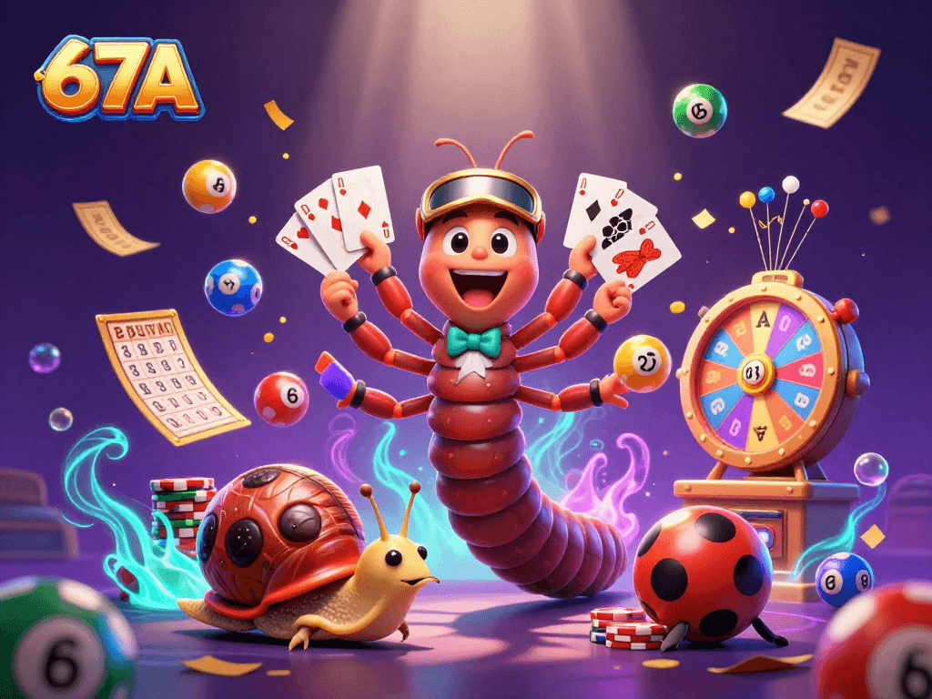 67A apresenta um emocionante dealer e personagens de bingo em cena vibrante de cassino.