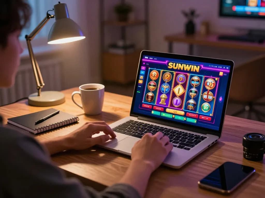 Ứng dụng chơi game Sunwin trên laptop mỏng, giới thiệu những trò quay slot và trò chơi bàn sống động trong văn phòng tại nhà ấm cúng.