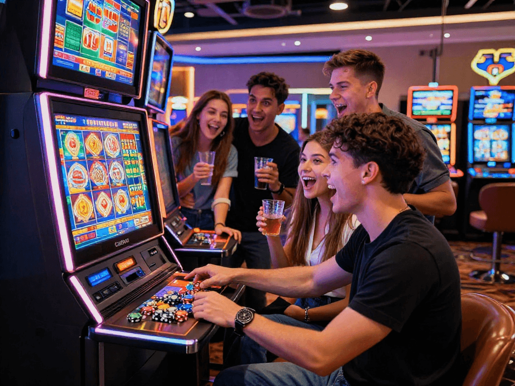 Friends excitedly engaged at rokok88 slot login machine in a vibrant casino.
