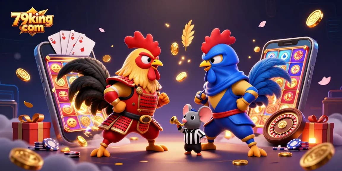 Engage with thrilling action at 79king com as roosters battle surrounded by dynamic casino elements.