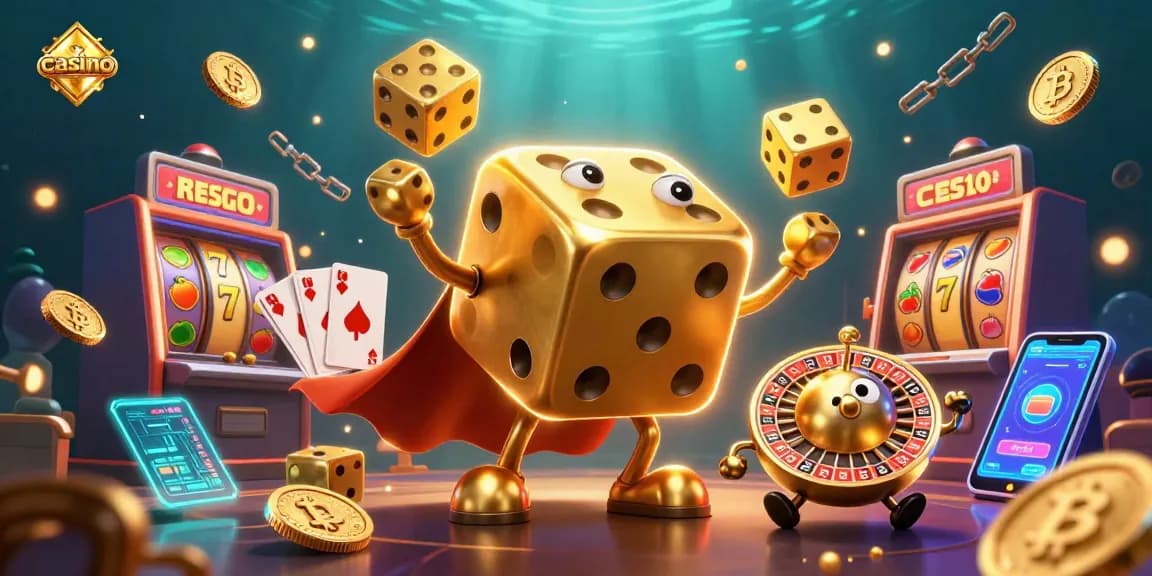 Engaging casino scene showcasing a golden dice golem juggling among vibrant slot reels and cryptocurrency elements