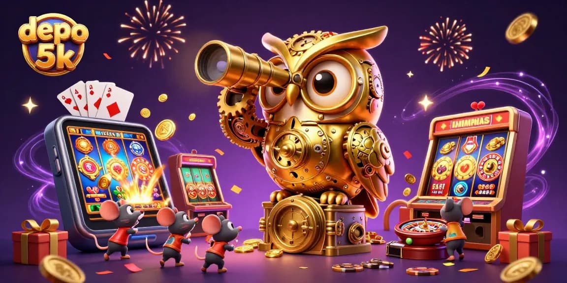 Spin and win at depo 5k with a dynamic casino scene featuring an owl and lucky charms.