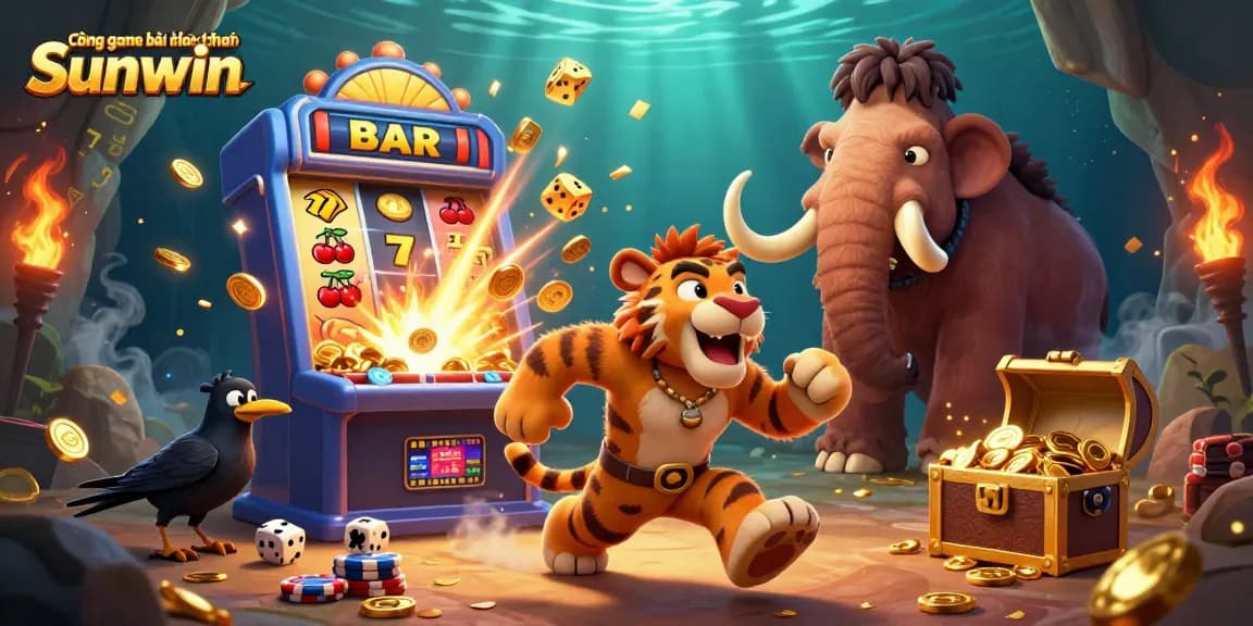 Cổng game bài đổi thưởng Sunwin offers an exciting casino experience with cartoon characters and vibrant game elements.