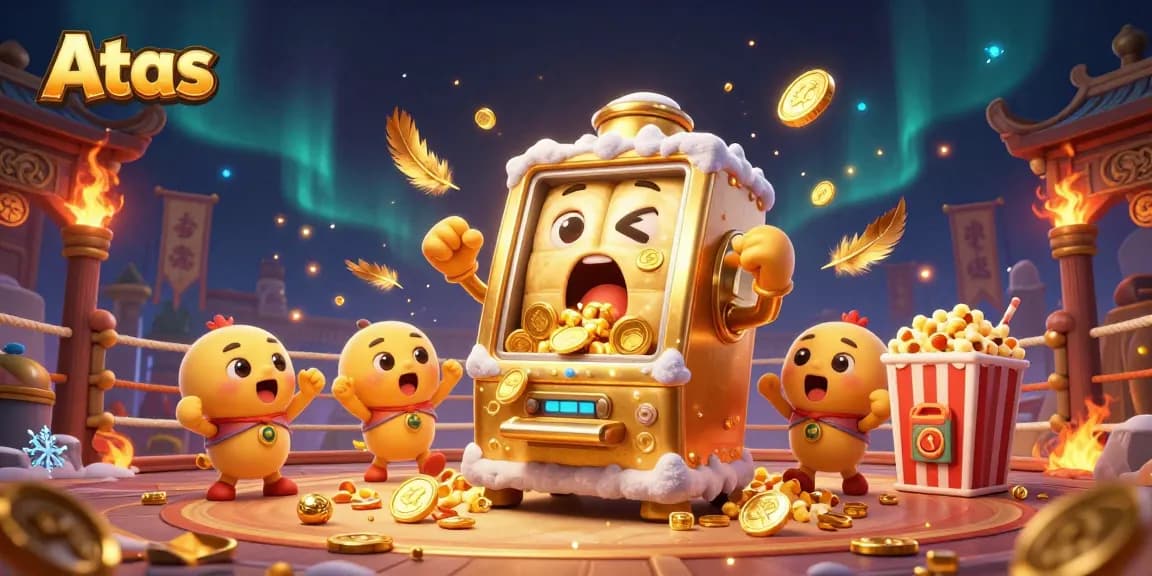 Atas casino reveals a golden slot machine hitting its jackpot amid cheering friends and vibrant casino elements.