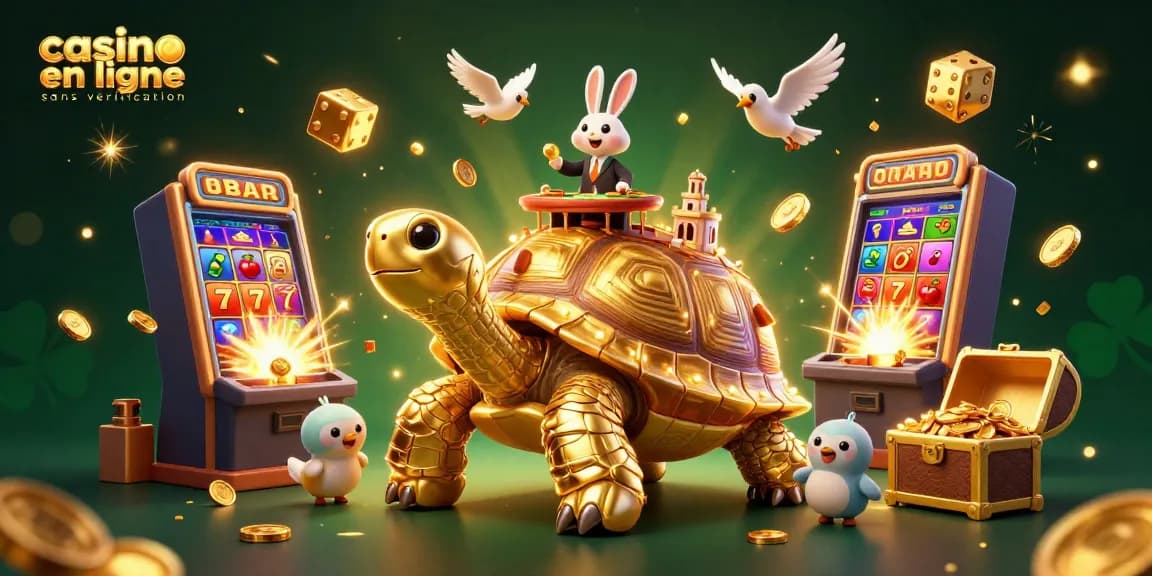 Jouer dans un casino en ligne sans vérification avec une tortue dorée géante et un croupier lapin.