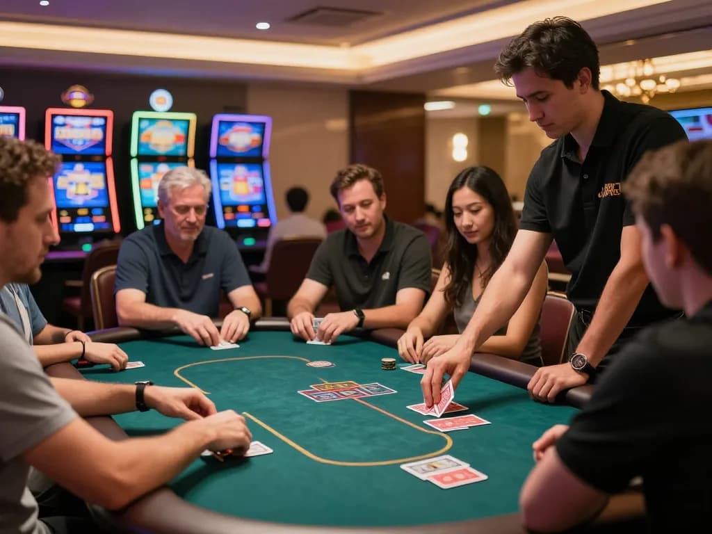 Players engaged in poker at a luxurious casino, showcasing the excitement of 99win gaming experience.