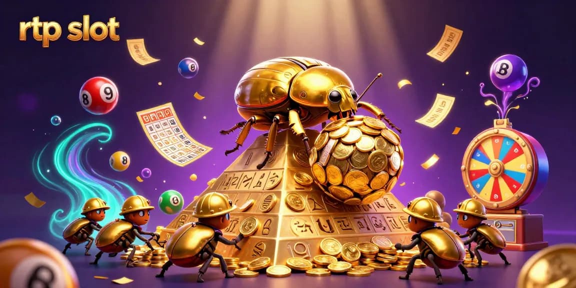 Experience rtp slot excitement with beetles rolling golden coins in an enchanting casino scene.