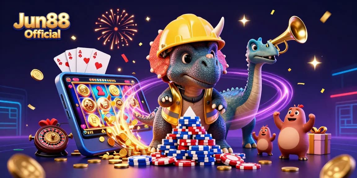 Celebrate with Jun88 Official as a triceratops builds poker chip pyramid amidst casino excitement.