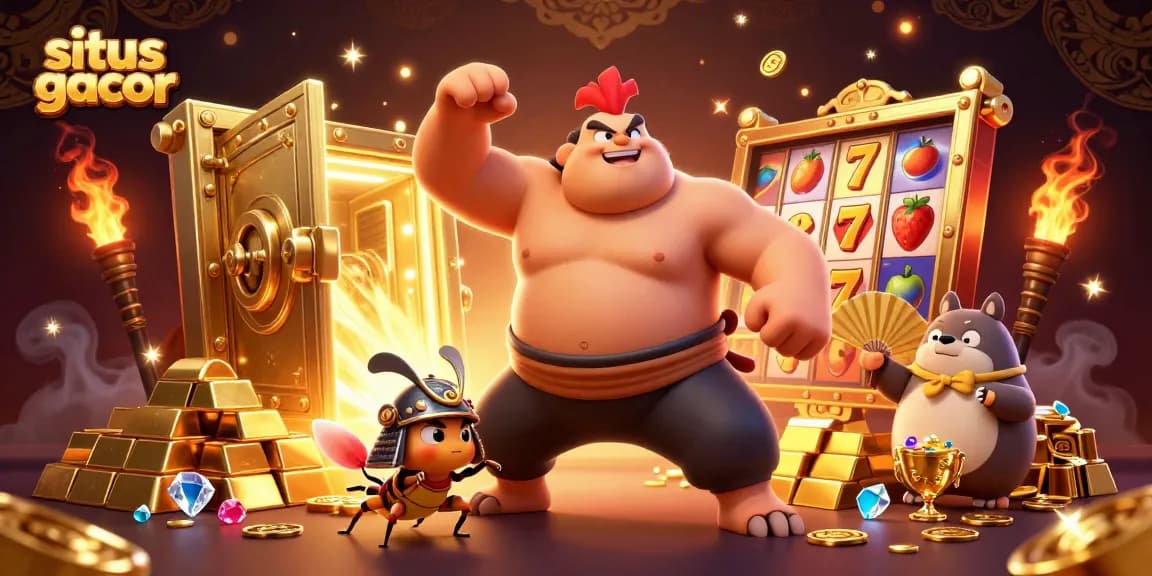 Situs gacor showcases a vibrant 3D illustration with a powerful sumo wrestler rooster interacting with a samurai cricket in a dynamic casino scene.