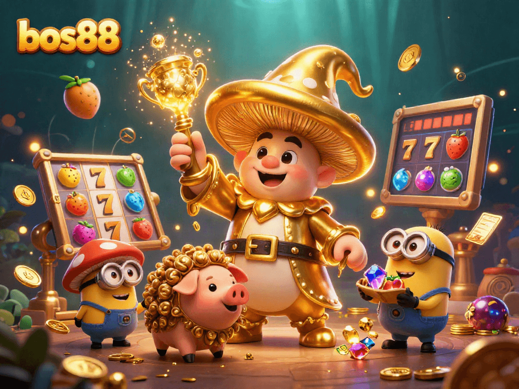 Bos88 mempersembahkan ilustrasi 3D kasino dengan karakter jamur emas dan elemen slot menarik.