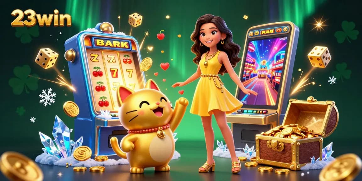 Experience the excitement of 23win casino with a vibrant scene filled with lucky symbols and joyful characters.