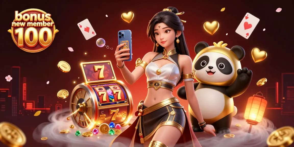 Engage with the exciting bonus new member 100 while enjoying a vibrant slot game scene with animated characters.