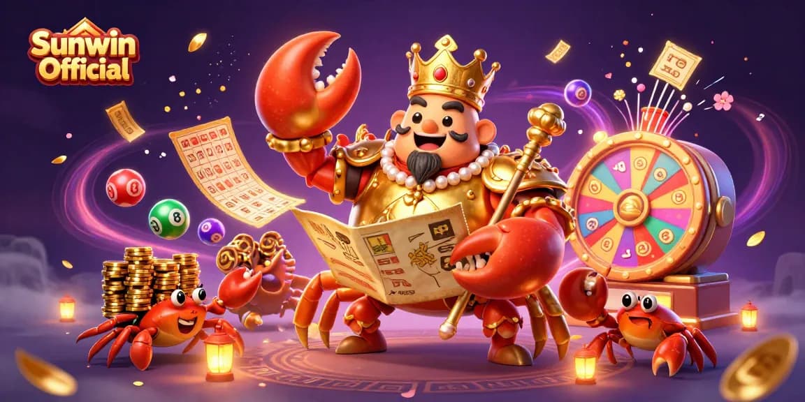 Engage with Sunwin Official's golden crab emperor in a dynamic casino scene filled with excitement and gaming elements.