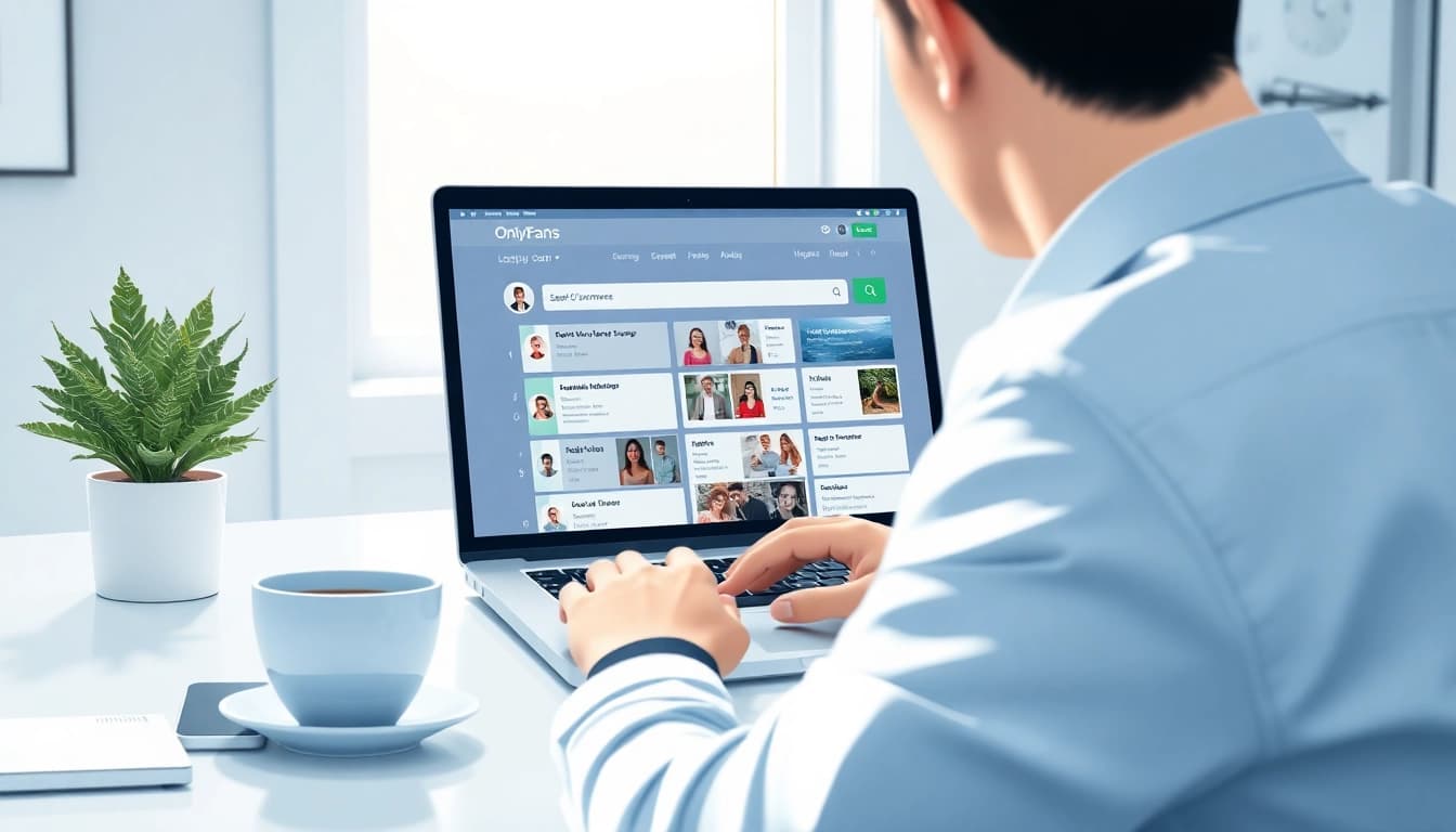 Search OnlyFans username on a modern laptop in a stylish workspace.