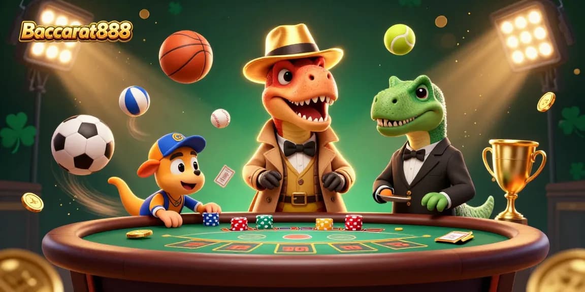 Baccarat888 card counting velociraptor at a dynamic blackjack table surrounded by vivid sports elements.