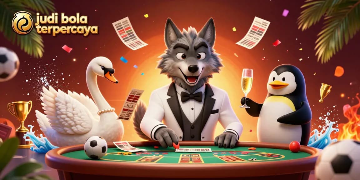 Engage in judi bola terpercaya with dynamic characters enjoying sports betting and festive elements.