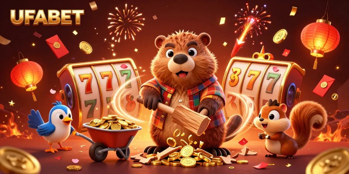 Engage with UFABET's lively slots featuring golden coins, action-packed burrowing characters, and festive decorations.