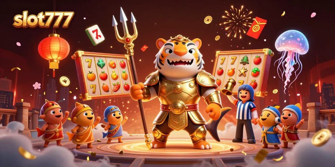 Mainkan slot777 dalam ilustrasi kasino digital yang memukau dengan karakter unik dan simbol keberuntungan.