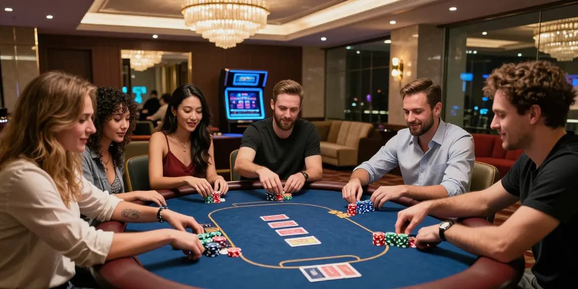 Friends enjoying a lively poker game at a modern casino featuring rokok88, vibrant atmosphere with colorful chips.