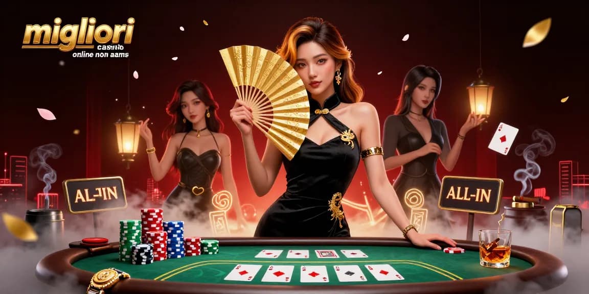 Migliori casinò online non AAMS presenta una donna asiatica affascinante tra elementi di casinò vivaci per un'esperienza di gioco coinvolgente.