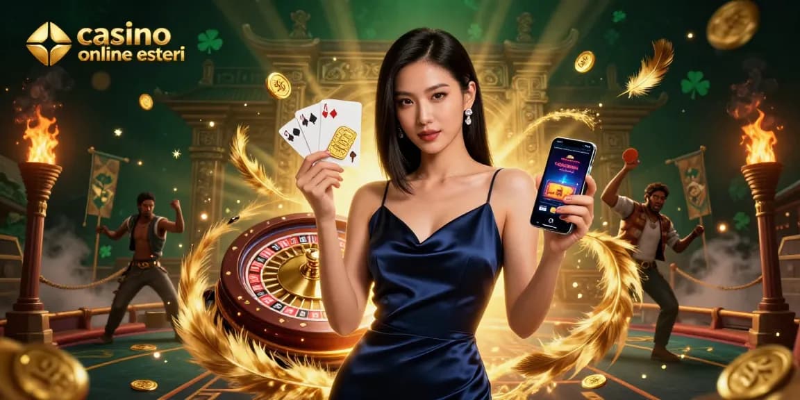 Illustrazione coinvolgente che mostra casino online esteri con una splendida donna asiatica in un vestito di raso, che tiene un chip dorato e uno smartphone tra elementi del casinò.