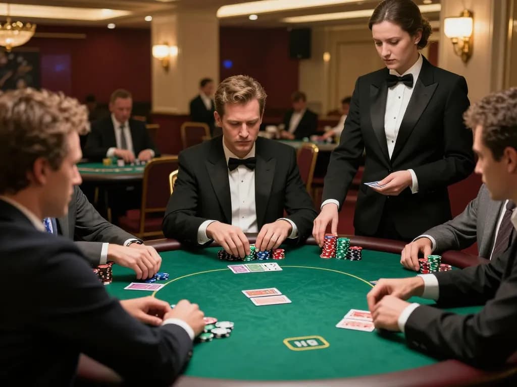Players strategizing around a poker table while analyzing dark web links for secure information
