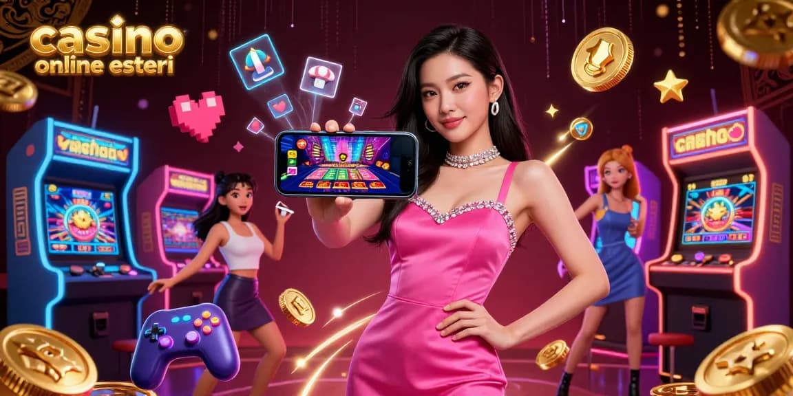 Goditi le avventure dei casino online esteri con la straordinaria donna asiatica in un gioco con croupier dal vivo, immersa in una vivace scena di gioco.