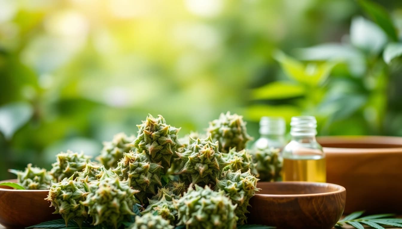 Showcasing Mental Wellness CBD buds in a tranquil garden setting with natural light, highlighting their calming effects.