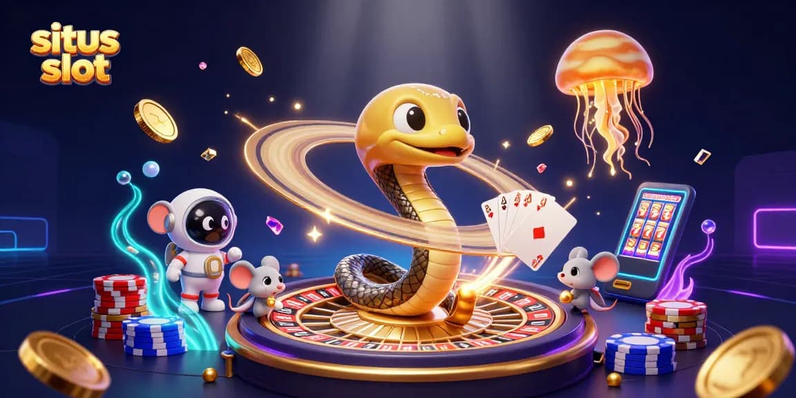 Permainan situs slot dengan slot reel, koin emas, dan dealer luar angkasa bertemakan.