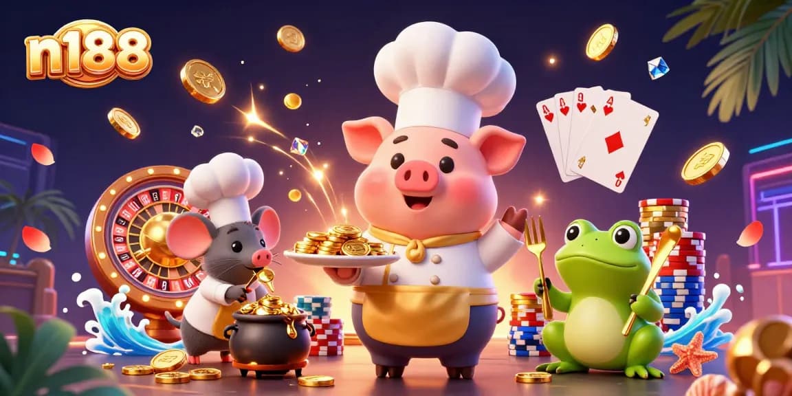 Engage with n188's exciting world of online betting featuring vibrant characters and rich casino elements.