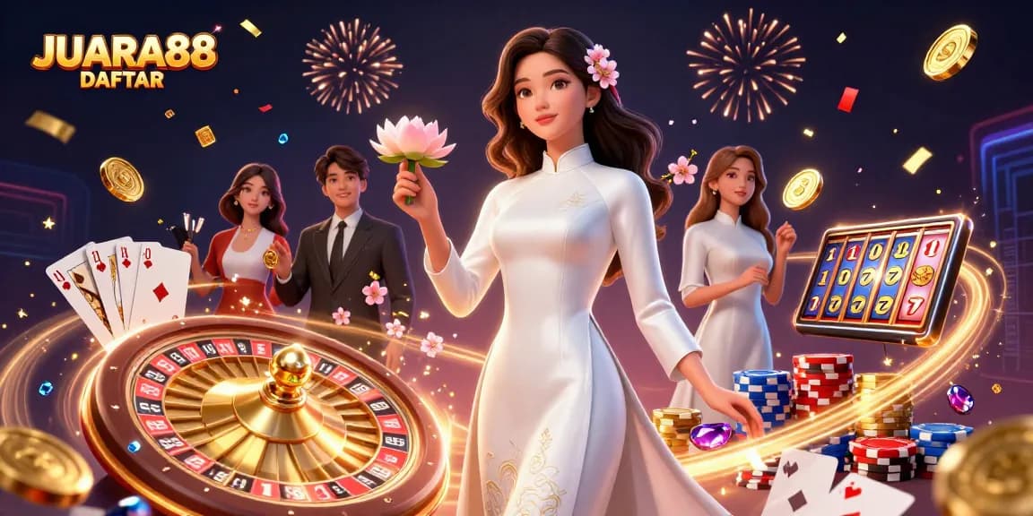 Engage with JUARA88 DAFTAR showcasing thrilling casino elements in a vibrant celebratory scene.
