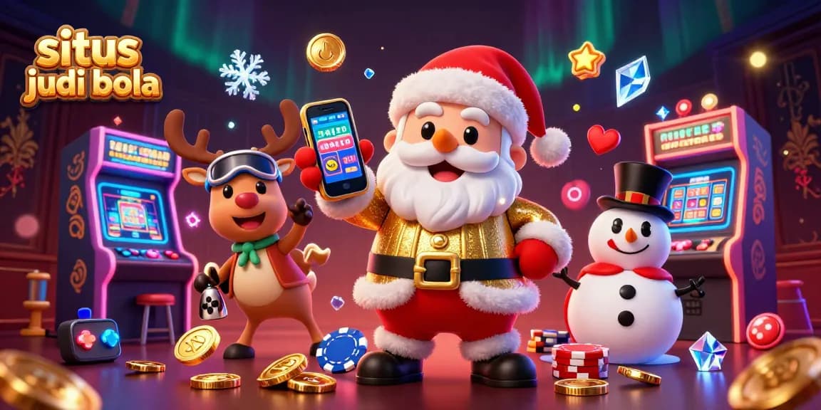 Engage with situs judi bola in a vibrant, festive casino scene featuring Santa, a reindeer dealer, and a poker chip snowman.