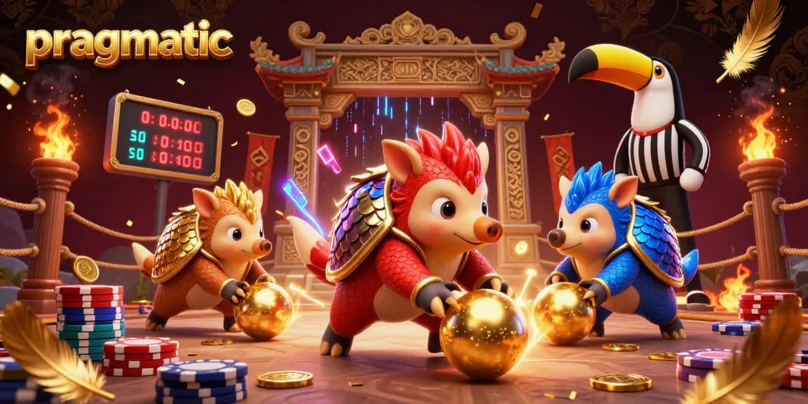Spin the pragmatic slots to win in a vibrant casino scene with lively pangolin characters.