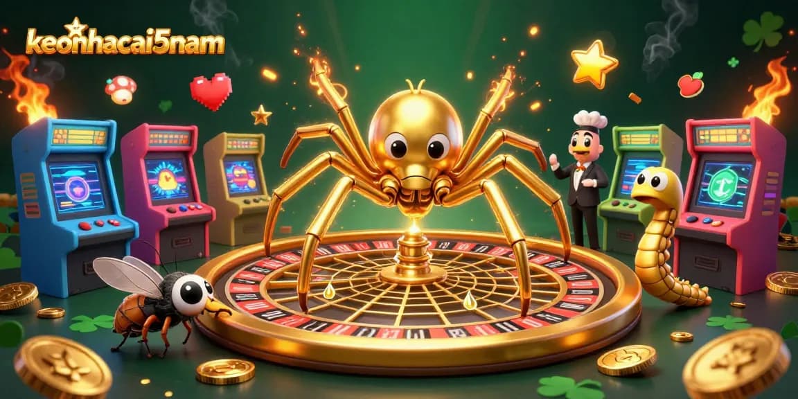 Engage with keonhacai5nam as the golden spider spins a roulette wheel web in an exciting casino scene.