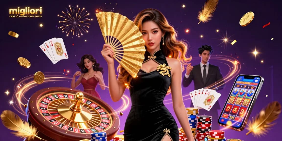 Migliori casinò online non aams in mostra con una donna asiatica affascinante, monete d'oro e elementi di gioco dinamici.