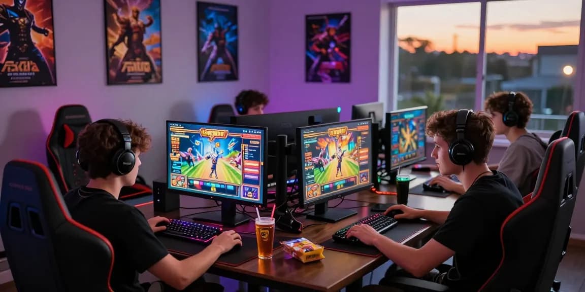 Para gamer berkumpul untuk bermain LUXURY111 Link Alternatif, dikelilingi peralatan gaming modern dan suasana energik.