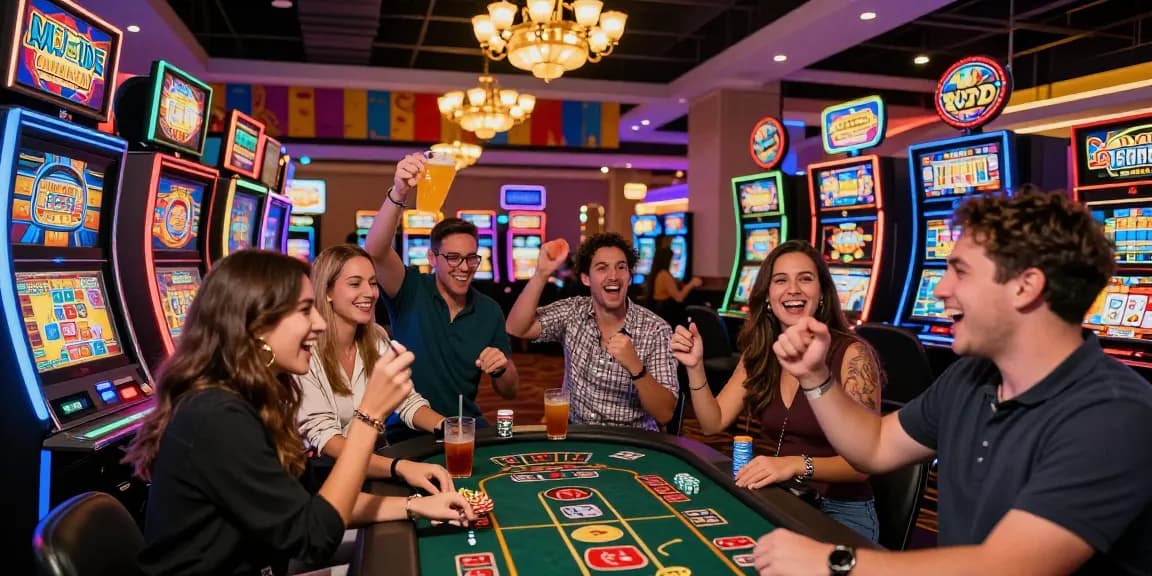 Friends celebrating their wins at gambling machines, showcasing the rokok88 link excitement in a vibrant casino.
