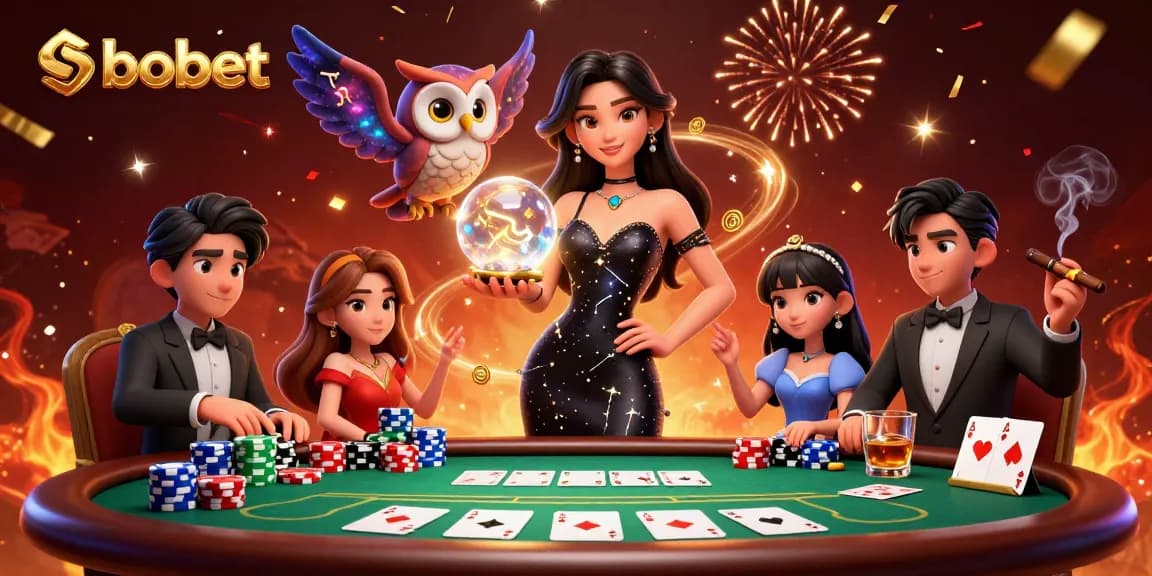 SBOBET betting action illustrated with vibrant casino elements, poker table and mystical characters.