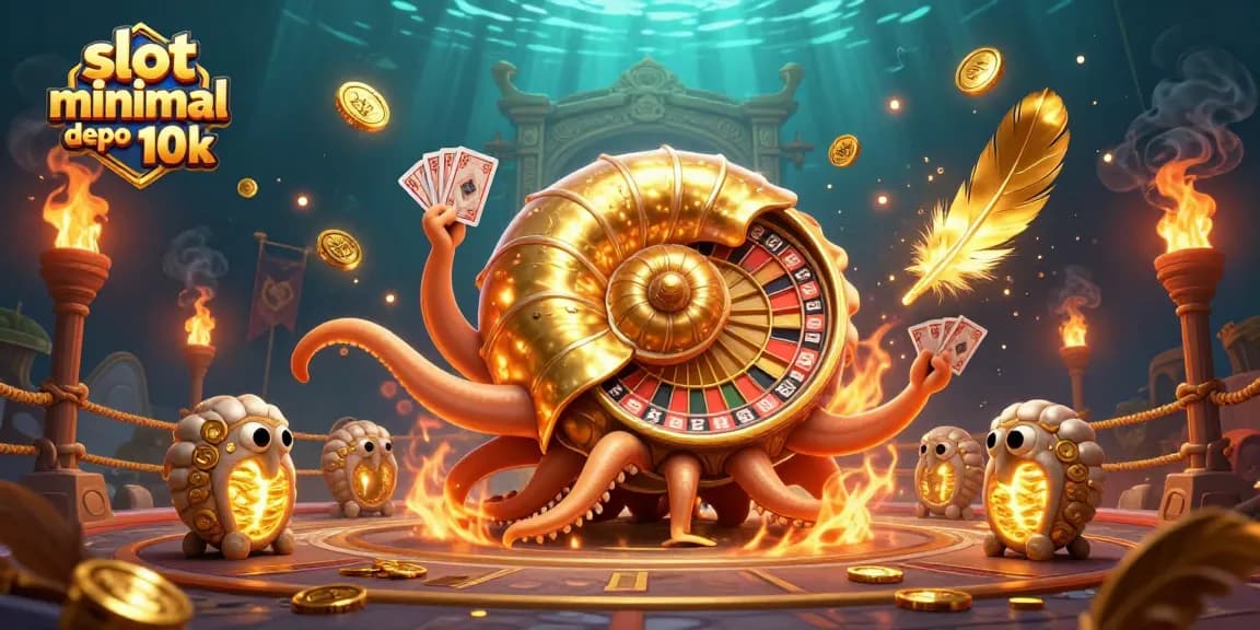 Putaran slot minimal depo 10k dengan nautilus raksasa dan koin emas yang berputar pada latar belakang yang dramatis.