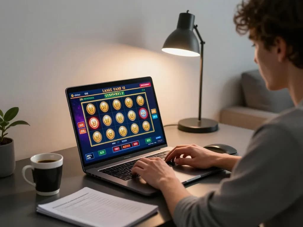 Engaging scene of online slot gaming on a laptop showcasing situs gacor with strategic notes and coffee nearby.