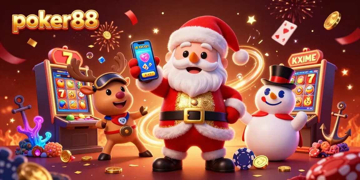 Play exciting casino games with poker88 in this vibrant 3D illustration featuring Santa and friends.
