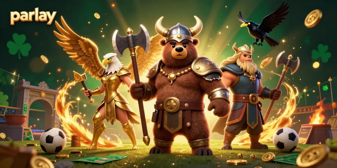 Experience thrilling parlay betting with a Viking berserker and Valkyrie eagle in a vibrant sports arena.