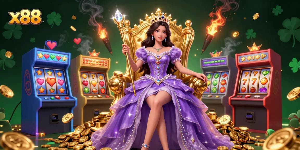 x88 online casino game illustration featuring a regal Asian woman with slots and vibrant gaming elements.