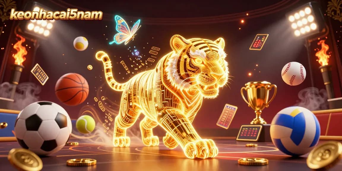 Experience keonhacai5nam with a vibrant, dynamic casino atmosphere featuring a golden tiger and sports elements.