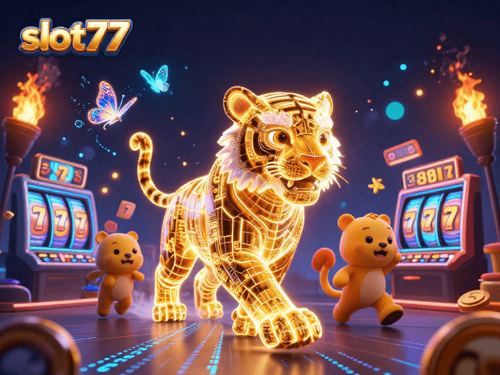 Experience winning thrills with slot77's action-packed casino scene featuring a golden tiger and spinning slots.