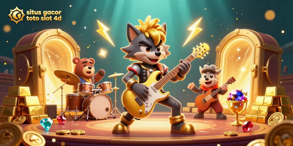Situr gacor toto slot 4d presents thrilling gameplay with cartoon wolf and bear on a vibrant casino stage