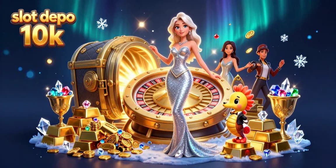 Engage in the excitement of slot depo 10k with a captivating roulette scene, gold coins, and jewels.